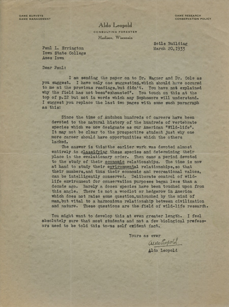 Aldo Leopold letter to Paul Errington, March 20, 1933