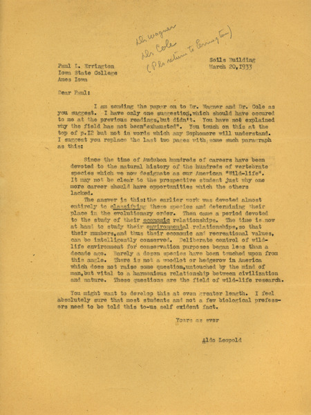 Aldo Leopold letter to Paul Errington, March 20, 1933 copy