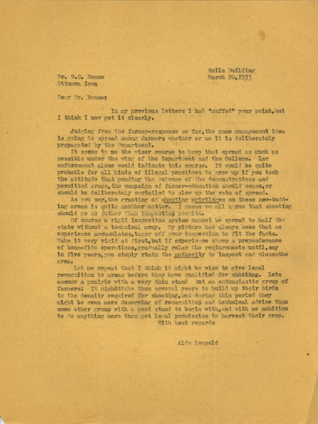 Aldo Leopold letter to Boone, March 20, 1933