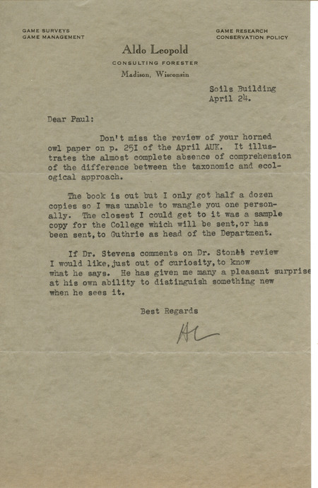 Aldo Leopold letter to Paul Errington, April 24, 1933