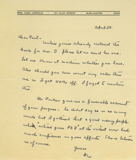 Aldo Leopold letter to Paul Errington, April 28, 1933