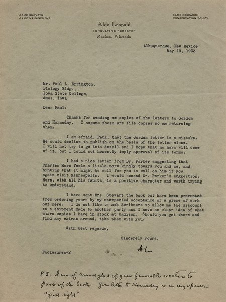 Aldo Leopold letter to Paul Errington, May 19, 1933