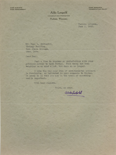 Aldo Leopold letter to Paul Errington, June 1, 1933