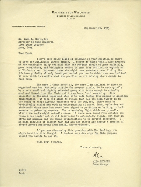 Aldo Leopold letter to Paul Errington, September 19, 1933
