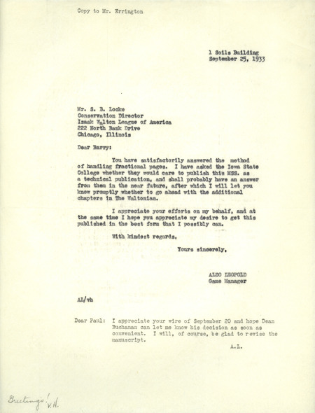 Aldo Leopold letter to Locke, September 25, 1933