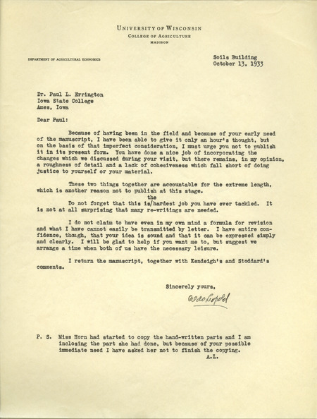 Aldo Leopold letter to Paul Errington, October 13, 1933