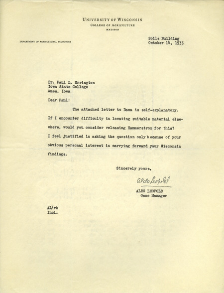 Aldo Leopold letter to Paul Errington, October 14, 1933