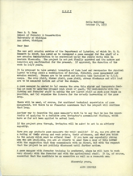 Aldo Leopold letter to Dana, October 14, 1933