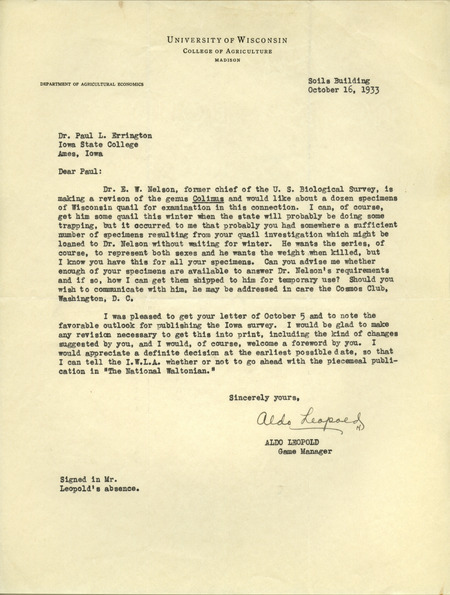 Aldo Leopold letter to Paul Errington, October 16, 1933