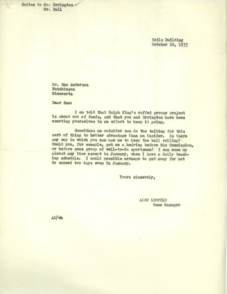 Aldo Leopold letter to Anderson, October 18, 1933