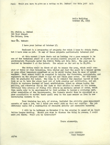 Aldo Leopold letter to DuMont, October 26, 1933
