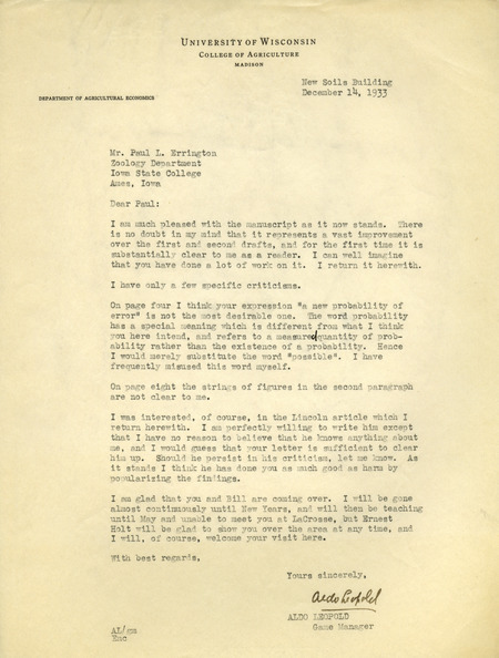 Aldo Leopold letter to Paul Errington, December 14, 1933