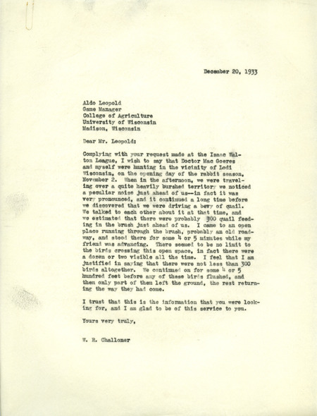 Letter from Challoner to Aldo Leopold, December 20, 1933