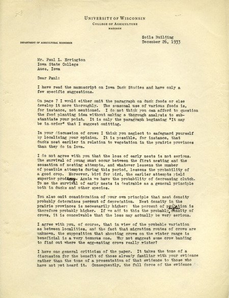Aldo Leopold letter to Paul Errington, December 26, 1933