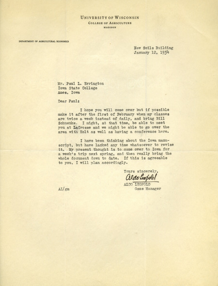 Aldo Leopold letter to Paul Errington, January 12, 1934