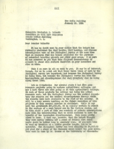 Aldo Leopold letter to Walcott, January 20, 1934