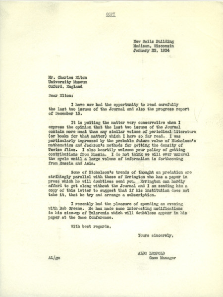 Aldo Leopold letter to Elton, January 22, 1934