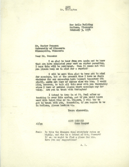 Aldo Leopold letter to Swanson, February 3, 1934