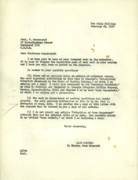 Aldo Leopold letter to Generosoff, February 26, 1934