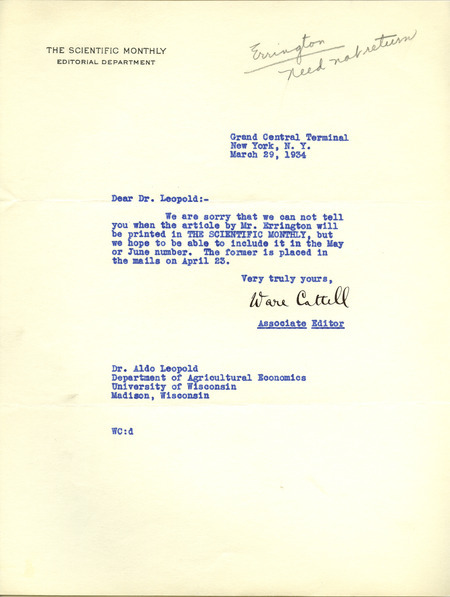 Letter from Cattell to Aldo Leopold, March 29, 1934