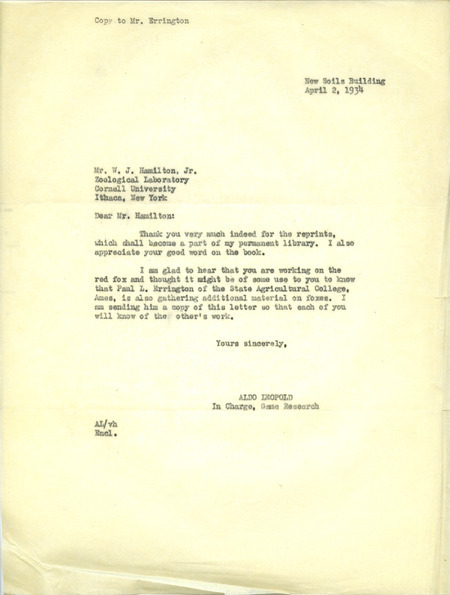 Aldo Leopold letter to Hamilton, April 2, 1934