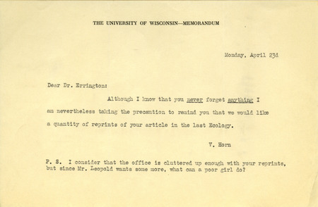 Aldo Leopold letter to Paul Errington, April 23, 1934