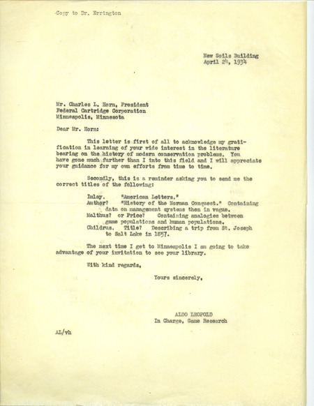 Aldo Leopold letter to Horn, April 24, 1934