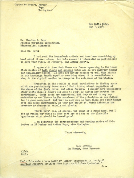 Aldo Leopold letter to Horn, May 7, 1934