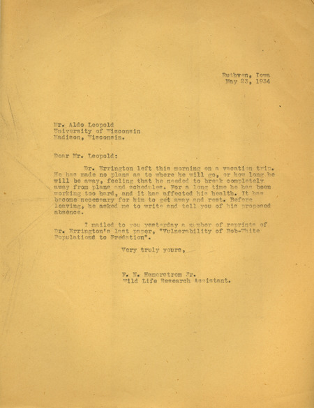 Letter from Hamerstrom to Aldo Leopold, May 23, 1934