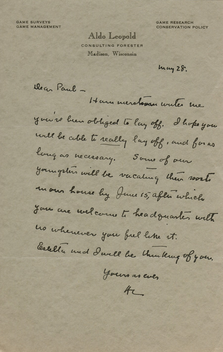 Aldo Leopold letter to Paul Errington, May 28, 1934