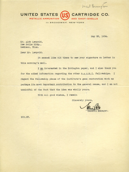 Letter to Aldo Leopold, May 28, 1934