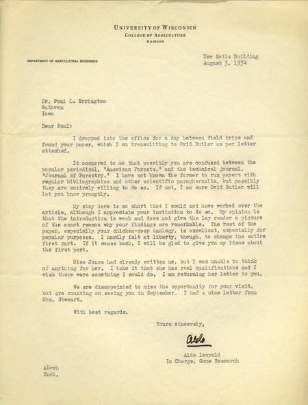 Aldo Leopold letter to Paul Errington, August 3, 1934