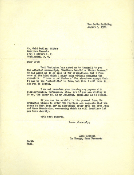 Aldo Leopold letter to Butler, August 3, 1934