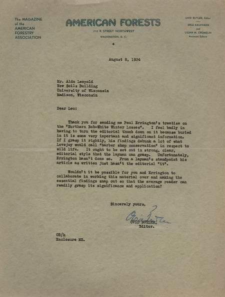 Letter from Butler to Aldo Leopold, August 8, 1934
