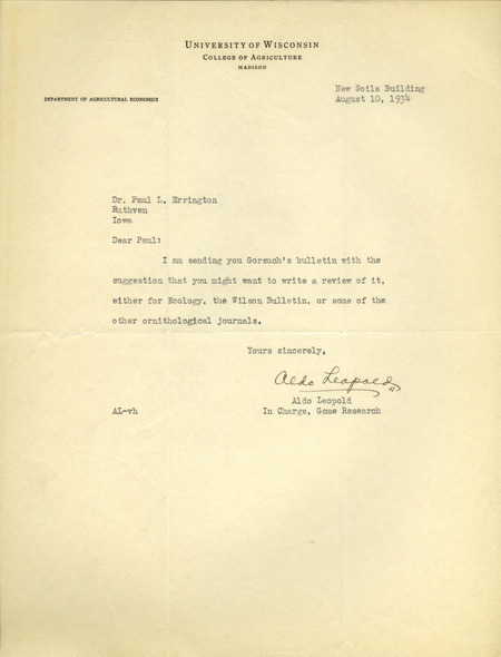 Aldo Leopold letter to Paul Errington, August 10, 1934