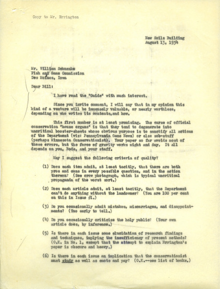 Aldo Leopold letter to Schuenke, August 13, 1934