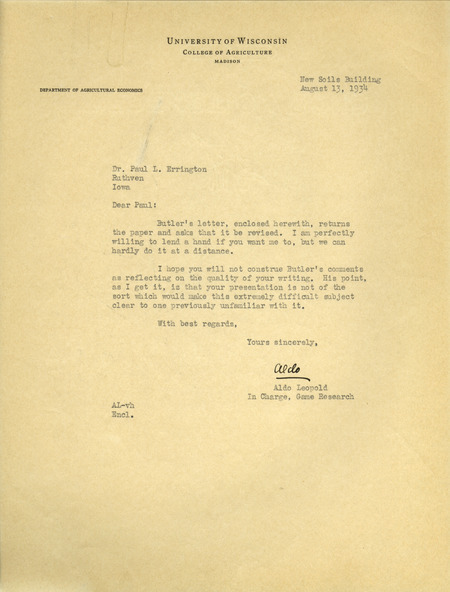 Aldo Leopold letter to Paul Errington, August 13, 1934
