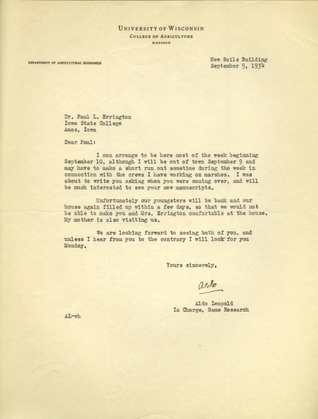 Aldo Leopold letter to Paul Errington, September 5, 1934
