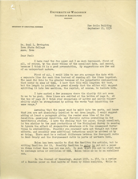 Aldo Leopold letter to Paul Errington, September 21, 1934