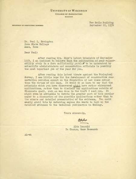 Aldo Leopold letter to Paul Errington, September 22, 1934