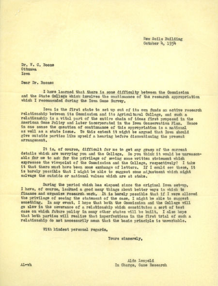 Aldo Leopold letter to Boone, October 4, 1934