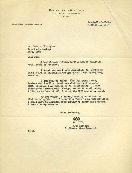 Aldo Leopold letter to Paul Errington, October 10, 1934