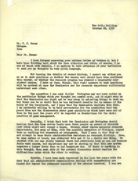 Aldo Leopold letter to Boone, October 26, 1934