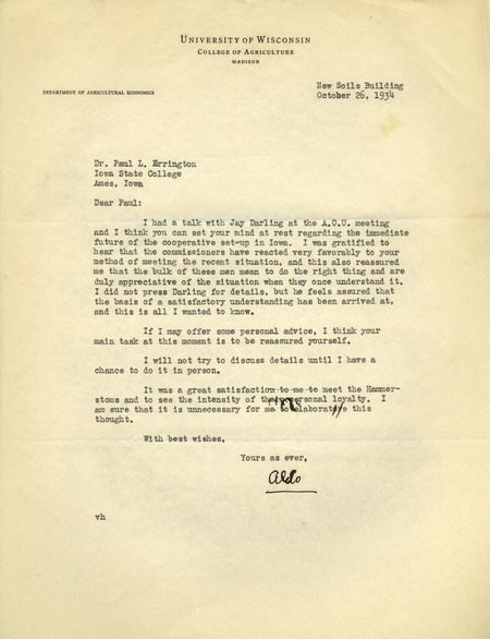 Aldo Leopold letter to Paul Errington, October 26, 1934