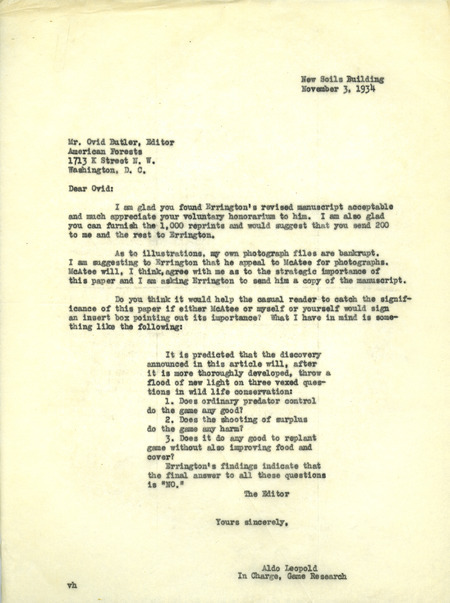 Aldo Leopold letter to Butler, November 3, 1934