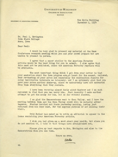 Aldo Leopold letter to Paul Errington, December 1, 1934