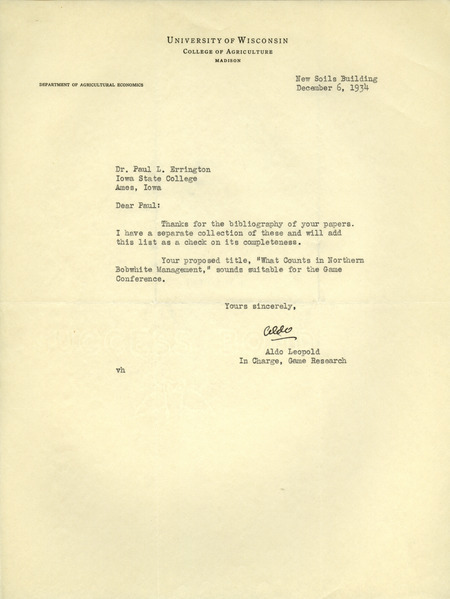 Aldo Leopold letter to Paul Errington, December 6, 1934