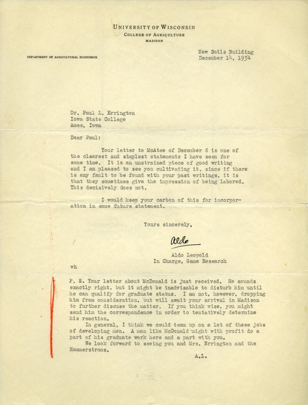 Aldo Leopold letter to Paul Errington, December 14, 1934
