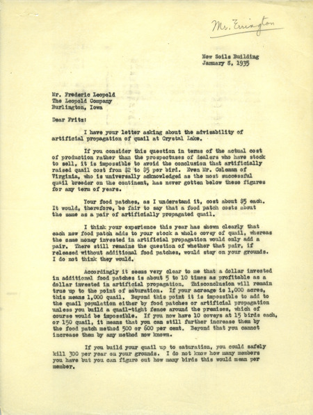 Aldo Leopold letter to Aldo Leopold, January 8, 1935