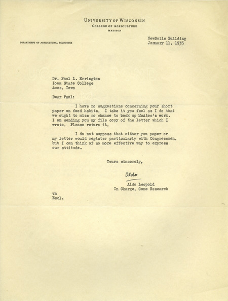 Aldo Leopold letter to Paul Errington, January 11, 1935